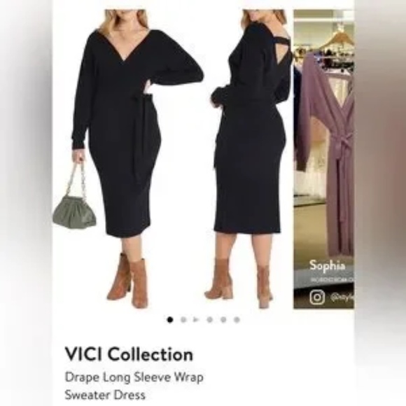 NWT Vici Collection Drape Long Sleeve Wrap Sweater Dress In Black - size M - Picture 2 of 5